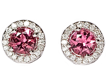 14K WHITE GOLD PINK TOURMALINE CENTER AND PAVE DIAMOND HALO STUD EARRINGS