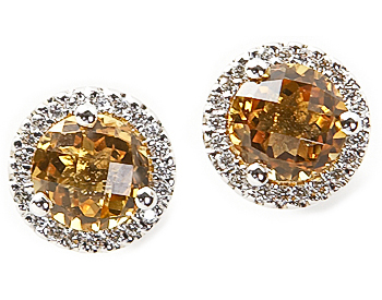 14K WHITE GOLD CITRINE CENTER AND PAVE DIAMOND HALO STUD EARRINGS