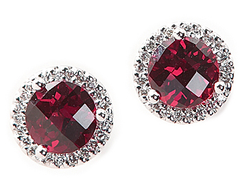 14K WHITE GOLD GARNET CENTER AND PAVE DIAMOND HALO STUD EARRINGS 