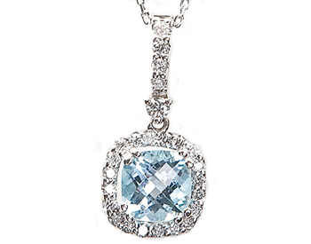 14K WHITE GOLD CUSHION BLUE TOPAZ CENTER AND ROUND DIAMOND HALO PENDANT 
