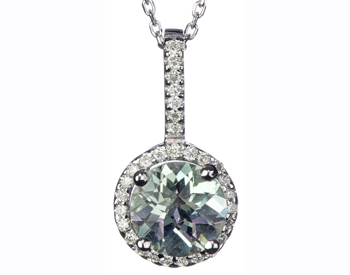 14K WHITE GOLD ROUND GREEN AMETHYST CENTER AND PAVE DIAMOND HALO PENDANT 