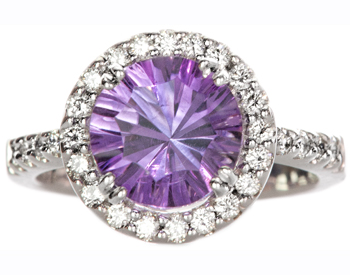 14K WHITE GOLD ROUND AMETHYST AND DIAMOND RING