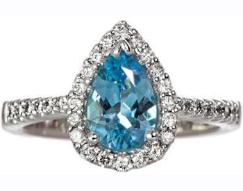 14K WHITE GOLD PEAR SHAPED BLUE TOPAZ AND PAVE DIAMOND RING