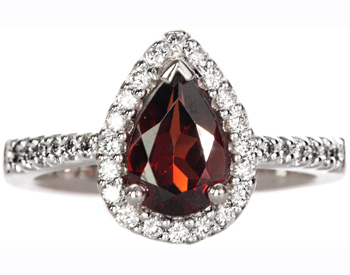 14K WHITE GOLD PEAR SHAPED GARNET AND PAVE DIAMOND RING