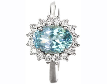 14K WHITE GOLD OVAL AQUA CENTER AND DIAMOND HALO RING