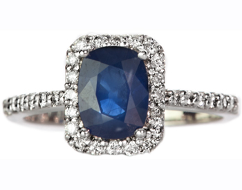 14K WHITE GOLD PAVE DIAMOND AND CUSHION SAPPHIRE RING