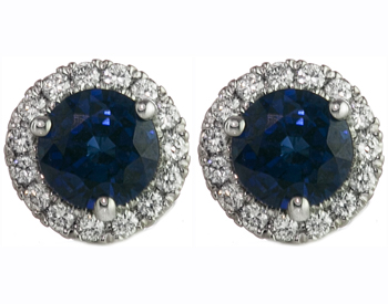 14K WHITE GOLD SAPPHIRE CENTER AND DIAMOND HALO STUD EARRINGS