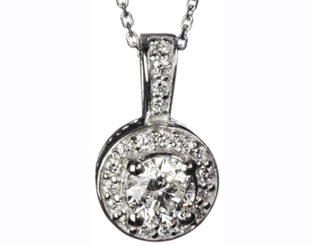 14K WHITE GOLD ROUND DIAMOND AND PAVE DIAMOND HALO PENDANT