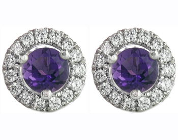 14K WHITE GOLD AMETHYST CENTER AND DIAMOND HALO STUD EARRINGS
