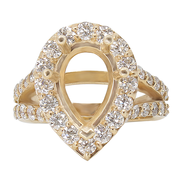 14K YELLOW GOLD PRONG SET 13X17 PEARSHAPE HALO SPLIT SHANK ENGAGEMENT RING