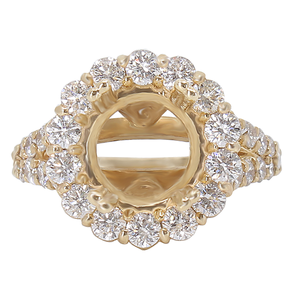 14K YELLOW GOLD SHARED PRONG 14MM ROUND HALO SPLIT SHANK ENGAGEMENT RING