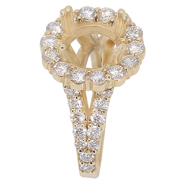 14K YELLOW GOLD SHARED PRONG 14MM ROUND HALO SPLIT SHANK ENGAGEMENT RING