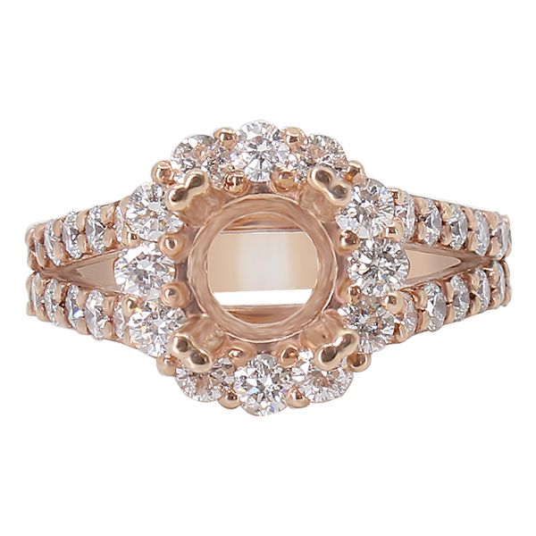 14K ROSE GOLD 12MM ROUND HALO SPLIT SHANK ENAGEGMENT RING