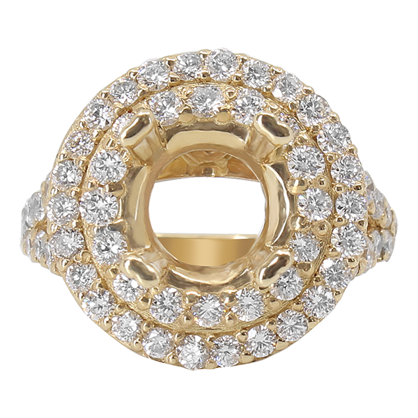 14K YELLOW GOLD 16MM ROUND DOUBLE HALO SPLIT SHANK ENGAGEMENT RING