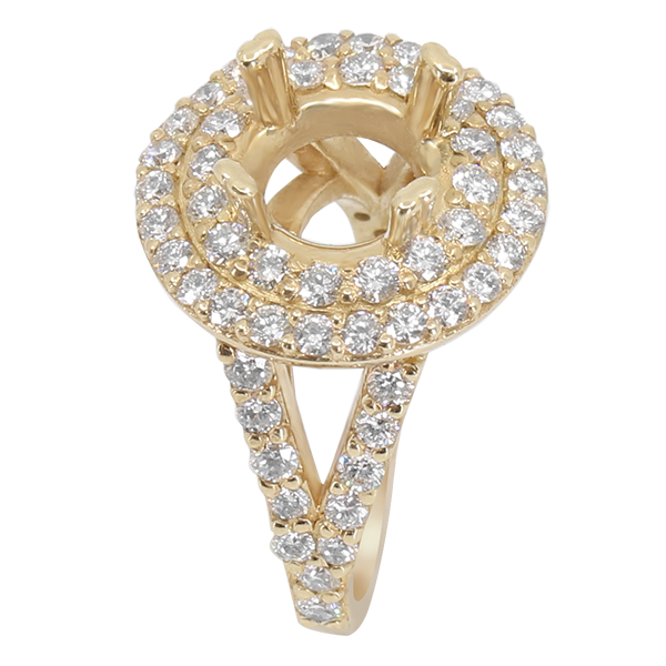 14K YELLOW GOLD 16MM ROUND DOUBLE HALO SPLIT SHANK ENGAGEMENT RING