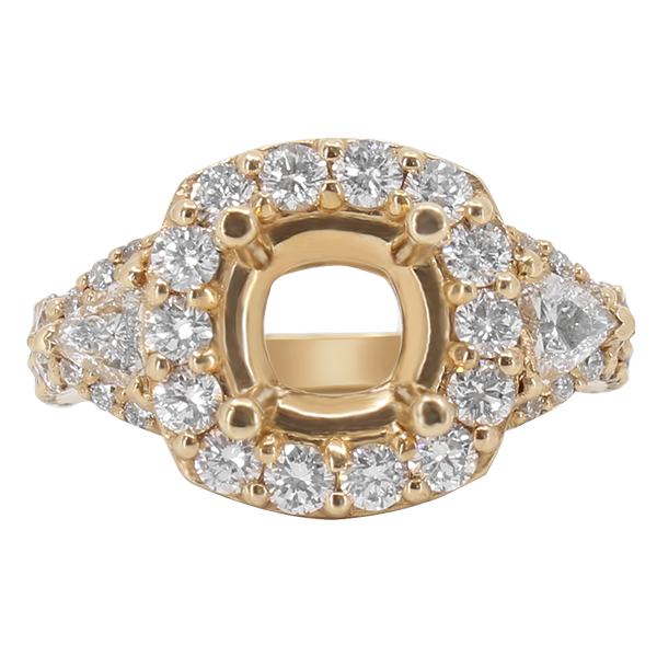 14K YELLOW FOLD THREE STONE STYLE 13MM CUSHION TRILLIANT ENGAGEMENT RING
