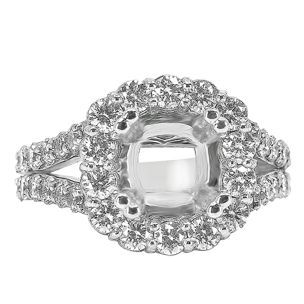 14K WHITE GOLD SHARED PRONG 12MM CUSHION HALO SPLIT SHANK ENAGEMENT RING