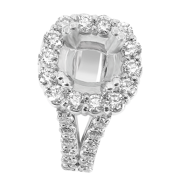 14K WHITE GOLD SHARED PRONG 12MM CUSHION HALO SPLIT SHANK ENAGEMENT RING