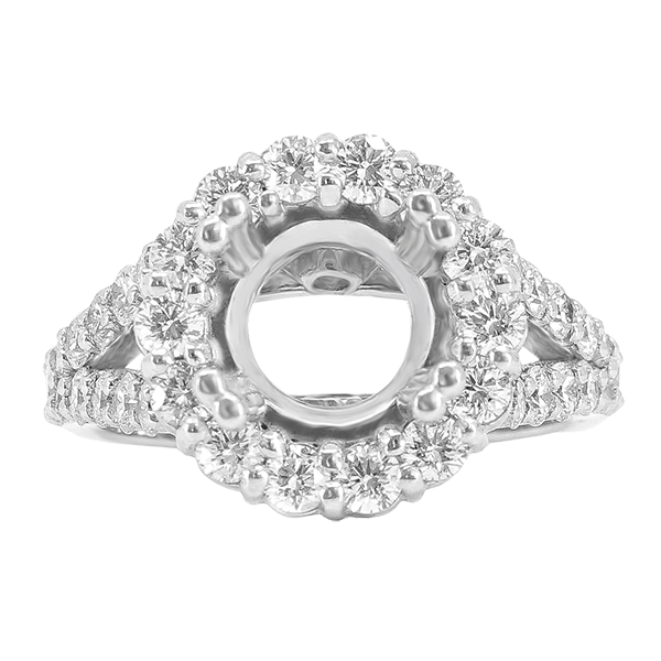 14K WHITE GOLD SHARED PRONG 13MM ROUND HALO SPLIT SHANK ENGAGEMENT RING
