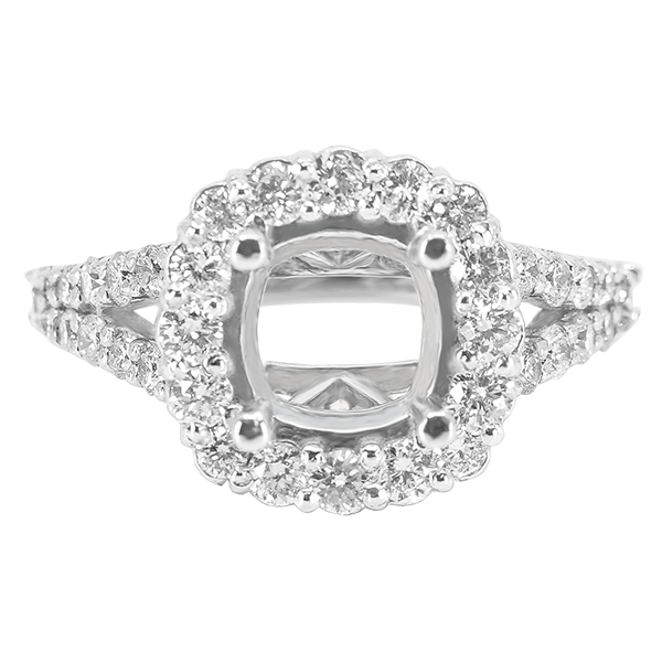 14K WHITE GOLD SHARED PRONG 11MM CUSHION HALO SPLIT SHANK ENGAGAMENT RING