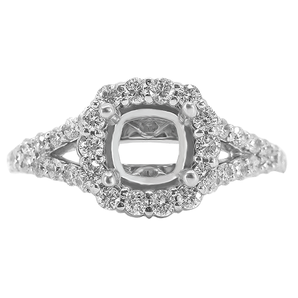 14K WHITE GOLD SHARED PRONG 10MM CUSHION HALO SPLIT SHANK ENGAGEMENT RING