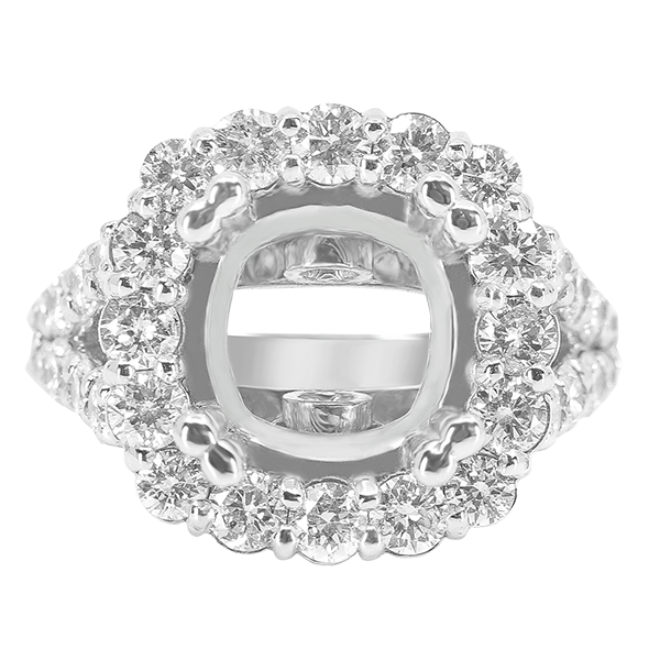 14K WHITE GOLD SHARED PRONG 14MM CUSHION HALO SPLIT SHANK ENGAGEMENT RING