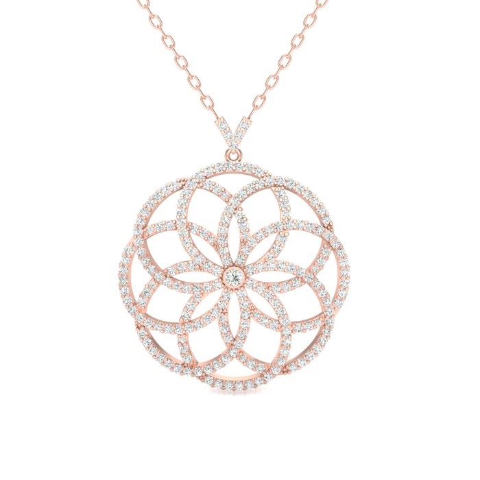 14k rose gold round pave filigree flower pendant