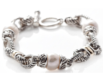 STERLING SILVER AND YELLOW GOLD FRESH WATER PEARL ROPE LINK BRACELET