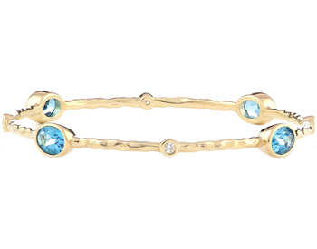 14K YELLOW GOLD TEXTURED SWISS BLUE TOPAZ AND BEZEL SET DIAMOND BANGLE 