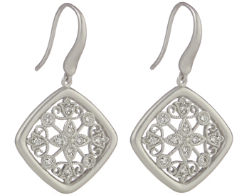 STERLING SILVER SQUARE SHAPED MILLEGRAIN FILIGREE PAVE DIAMOND DROP EARRINGS