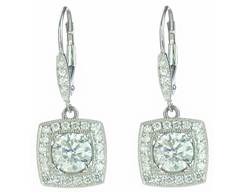 14K WHITE GOLD CUSHION SHAPED DIAMOND DROP EARRINGS
