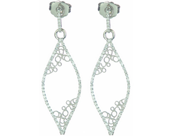14K WHITE GOLD MARQUISE SHAPED FILIGREE DESIGN PAVE DIAMOND DROP EARRINGS