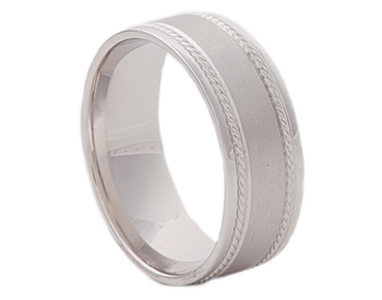 GENTLEMAN'S 14K WHITE GOLD 8MM SATIN CENTER AND ROPE STRIPED EDGE BAND