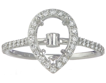 14K WHITE GOLD PEAR SHAPED HALO BEZEL SET AND PAVE DIAMOND SEMI MOUNTING