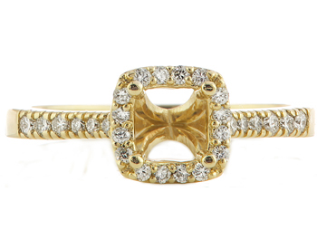 14K YELLOW GOLD SQUARE HALO AND ROUND DIAMOND CATHEDRAL SEMI MOUNTING RING