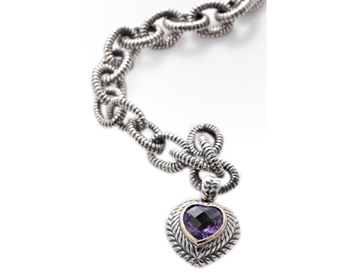 STERLING SILVER AMETHYST HEART CHARM AND ROLO CHAIN BRACELET 
