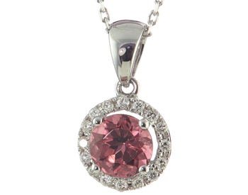 14K WHITE GOLD ROUND PINK TOURMALINE AND DIAMOND PENDANT