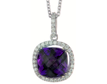 14K WHITE GOLD CUSHION AMETHYST AND DIAMOND HALO PENDANT