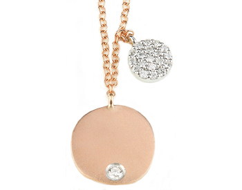 14K ROSE GOLD ROUND SATIN DISC WITH BURNISH SET DIAMOND AND OFFSET WHITE GOLD PAVE DIAMOND DISC NECKLACE