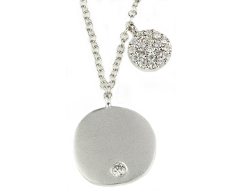14K WHITE GOLD ROUND SATIN DISC WITH BURNISH SET DIAMOND AND OFFSET PAVE DIAMOND DISC NECKLACE