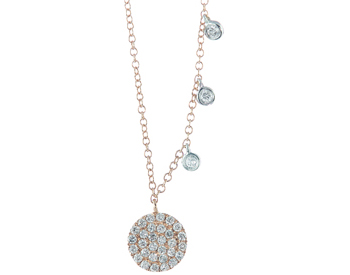 14K ROSE GOLD ROUND PAVE DIAMOND DISC AND OFFSET WHITE GOLD BEZEL SET DIAMOND NECKLACE
