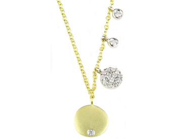 14K YELLOW GOLD ROUND SATIN DISC WITH BURNISH SET DIAMOND AND OFFSET PAVE DIAMOND AND BEZEL SET DIAMOND NECKLACE
