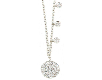 14K WHITE GOLD ROUND PAVE DIAMOND DISC AND OFFSET BEZEL SET DIAMOND NECKLACE