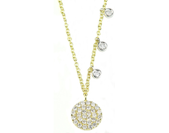 14K YELLOW GOLD ROUND PAVE DIAMOND DISC AND OFFSET WHITE GOLD BEZEL SET DIAMOND NECKLACE