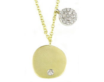 14K YELLOW GOLD ROUND SATIN DISC WITH BURNISH SET DIAMOND AND OFFSET WHITE GOLD PAVE DIAMOND DISC NECKLACE