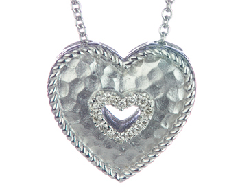 STERLING SILVER HAMMERED OPEN HEART AND ROUND DIAMOND PENDANT
