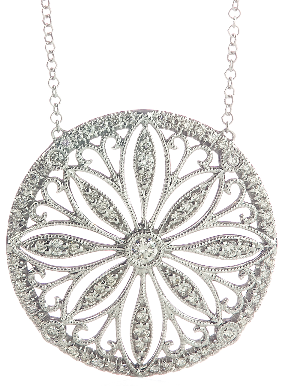 14K WHITE GOLD ROUND FANCY DESIGN PAVE AND BEZEL SET DIAMOND PENDANT
