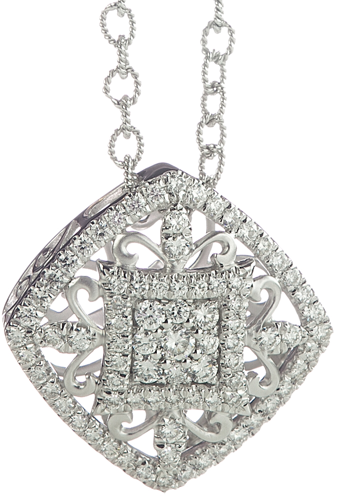 14K WHITE GOLD SQUARE SHAPED AND FILIGREE DESIGN DIAMOND PENDANT