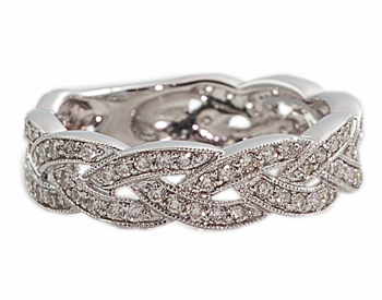 14K WHITE GOLD BRAIDED DESIGN PAVE DIAMOND STACK BAND