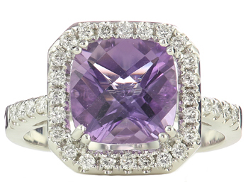 14K WHITE GOLD CUSHION AMETHYST AND DIAMOND RING